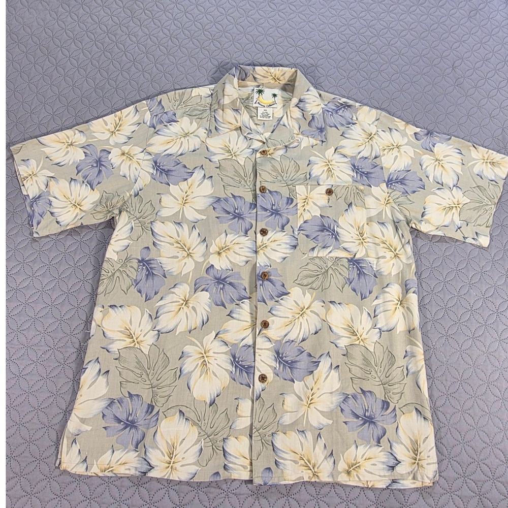 Banana Cabana Mens Large Silk Hawaiian Shirt Tropical Leaf Blue Tan Button Down